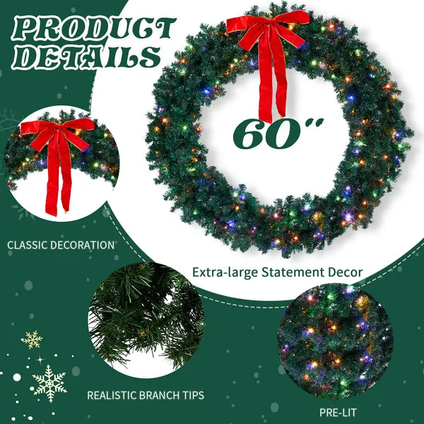 60-Inch Pre-Lit Christmas Wreath with Remote Control & Dimming