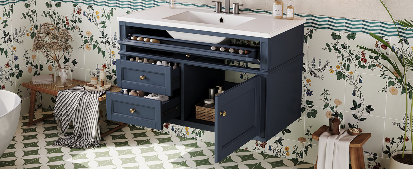 36-Inch Wall Mounted Bathroom Vanity with Ceramic Sink - Blue