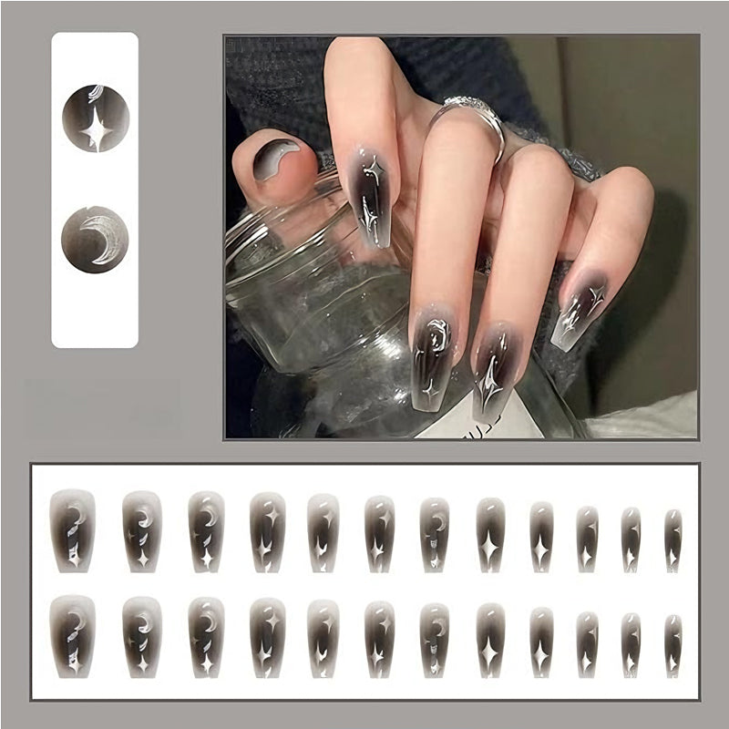 Black and Silver Star Press-On Nails - Long Square False Nail Tips