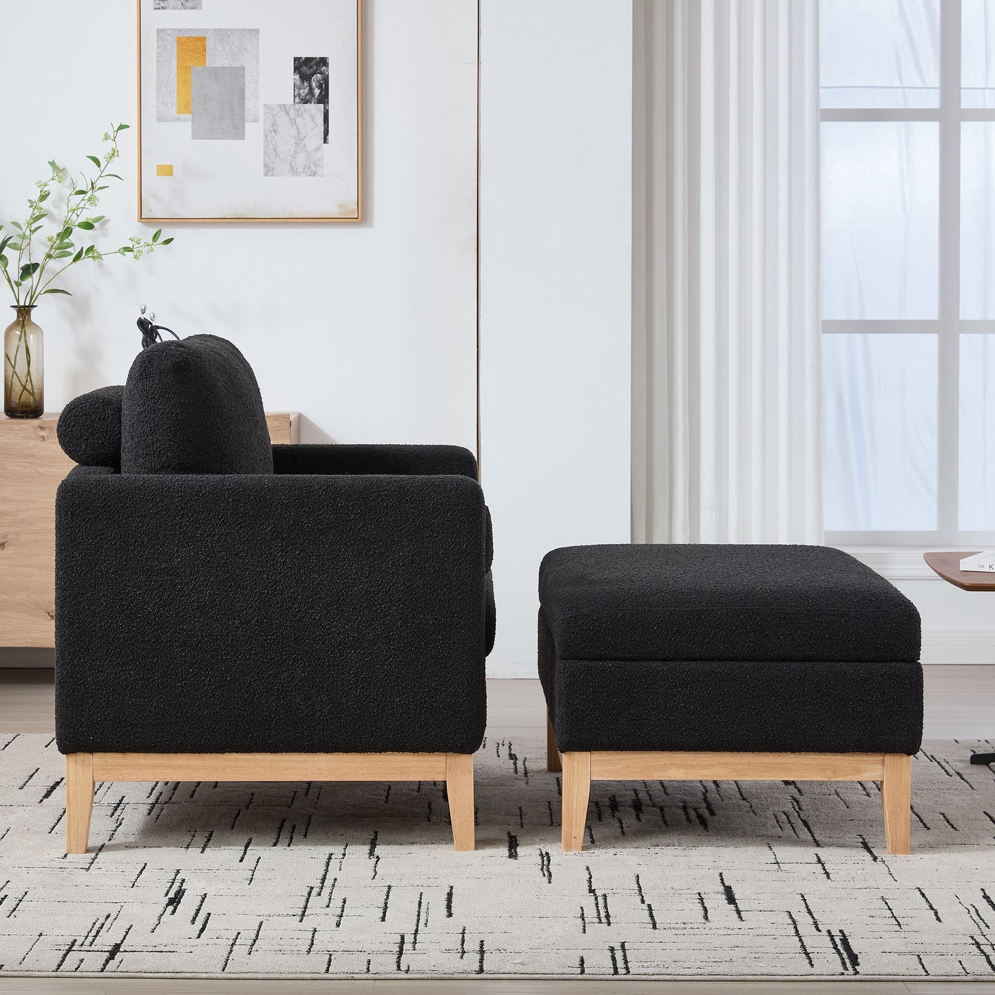 Farmhouse Upholstered Accent Arm Chair with Ottoman - Black Boucle