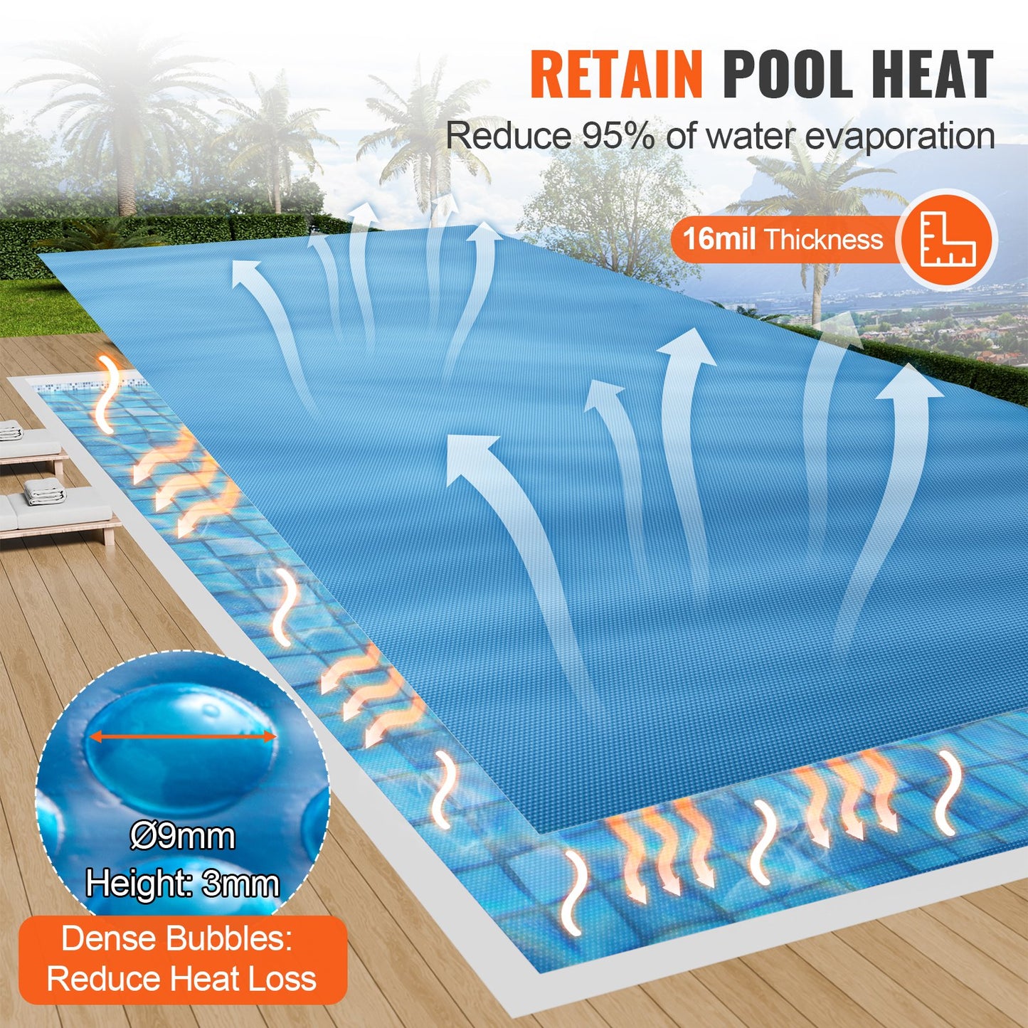 24x12 ft Rectangle Solar Pool Cover for Inground & Above Ground Pools - Blue, 16 Mil Insulated Blanket