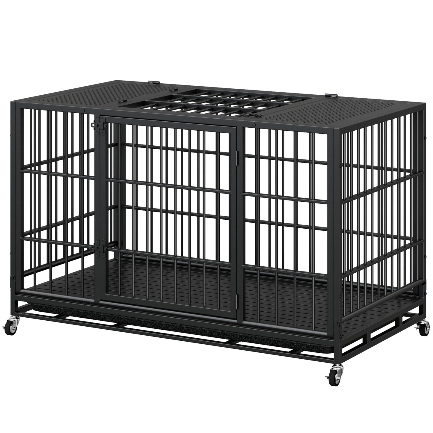 Heavy Duty Dog Crate with Lockable Wheels & Perforated Top - Indoor Outdoor Metal Kennel