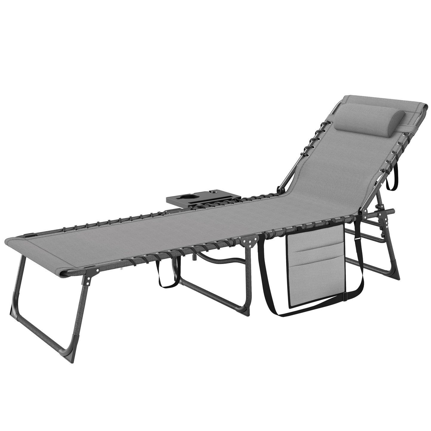 Folding Outdoor Chaise Lounge Chair with Side Table & Pillow - Gray