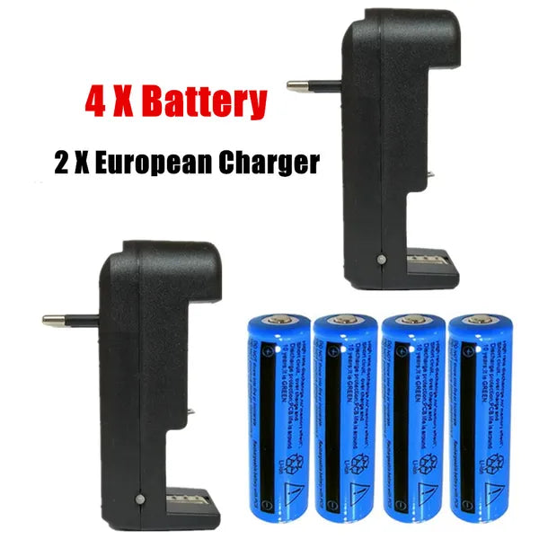Rechargeable 3000mAh 3.7V Li-Ion Batteries with European Charger for Flashlights & Devices — Pack of 2 or 4