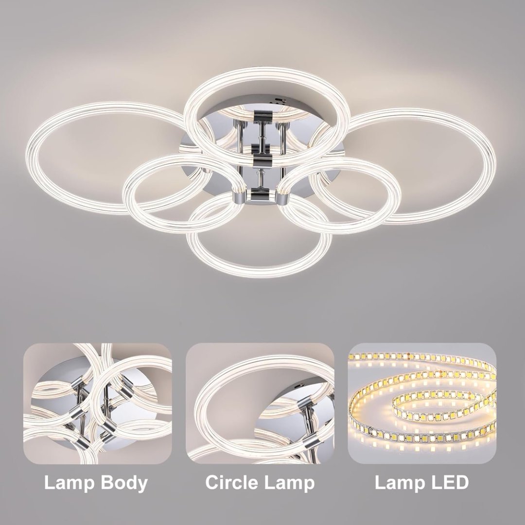 Modern LED Flush Mount Ceiling Light with Dimmable Remote Control, 6-Ring Acrylic Fixture for Bedroom Living Room Kitchen Office