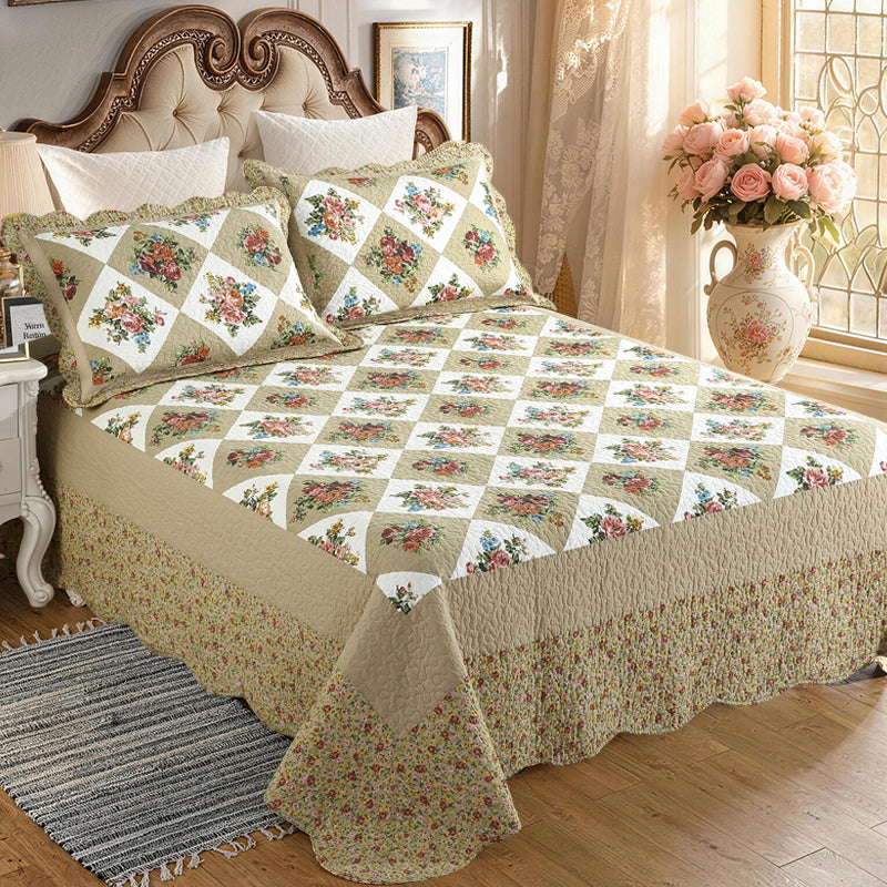 Vintage Reversible Cotton Bedspread Set - Floral Patchwork Queen All Season