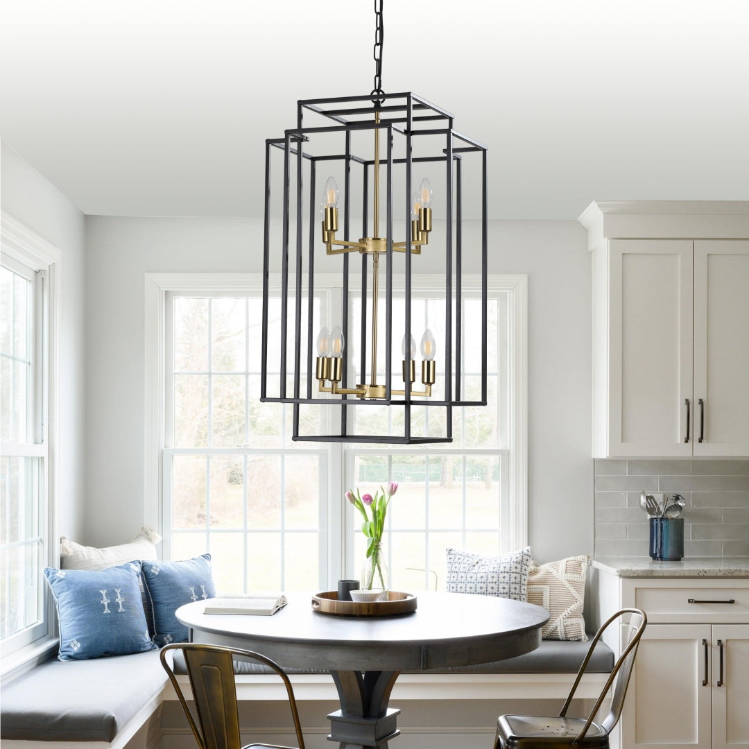 Modern 8-Light Black Gold Geometric Pendant Chandelier