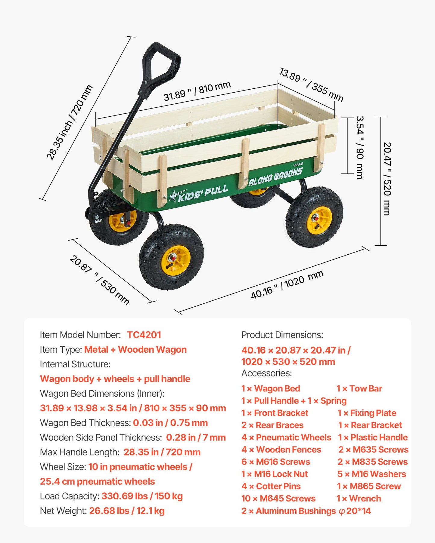 All-Terrain Kids Pull-Along Wagon 39 Inch with Wooden Panels & Heavy Duty Handle