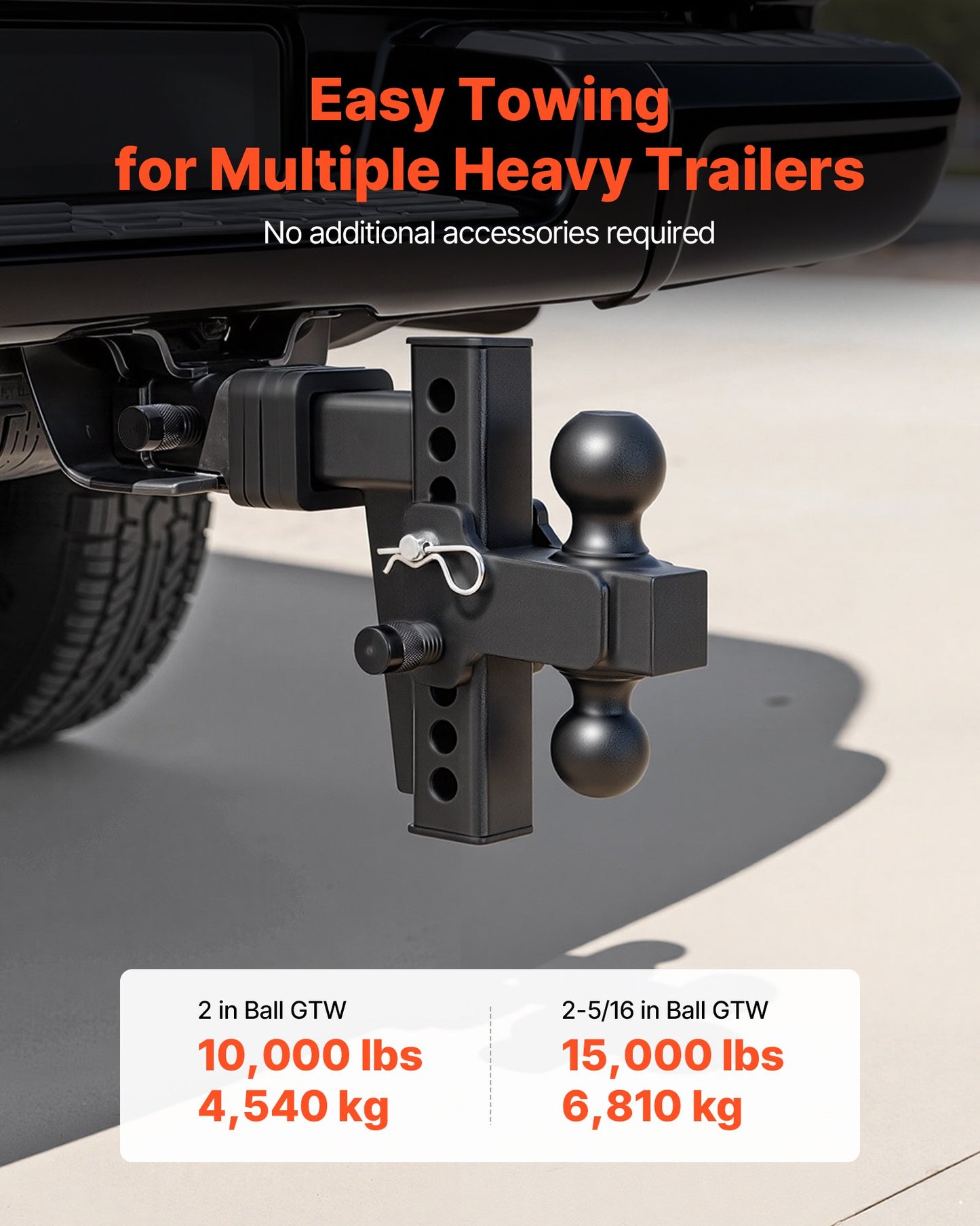 Adjustable Trailer Hitch Ball Mount for 2-Inch Receiver 15000 lbs Capacity - Black