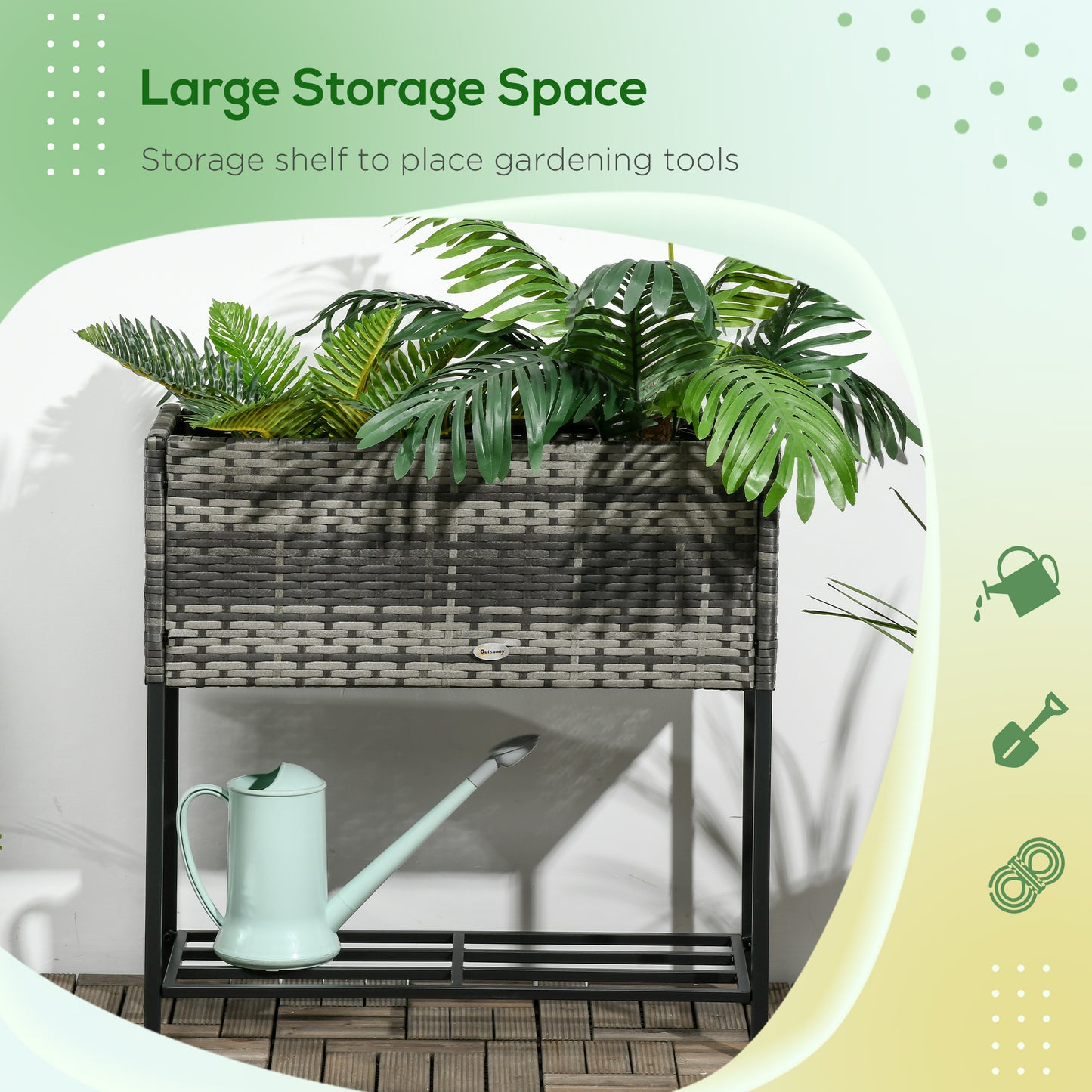 Raised Garden Bed with Rattan Wicker Look and Tool Storage Shelf - Portable Plant Planter