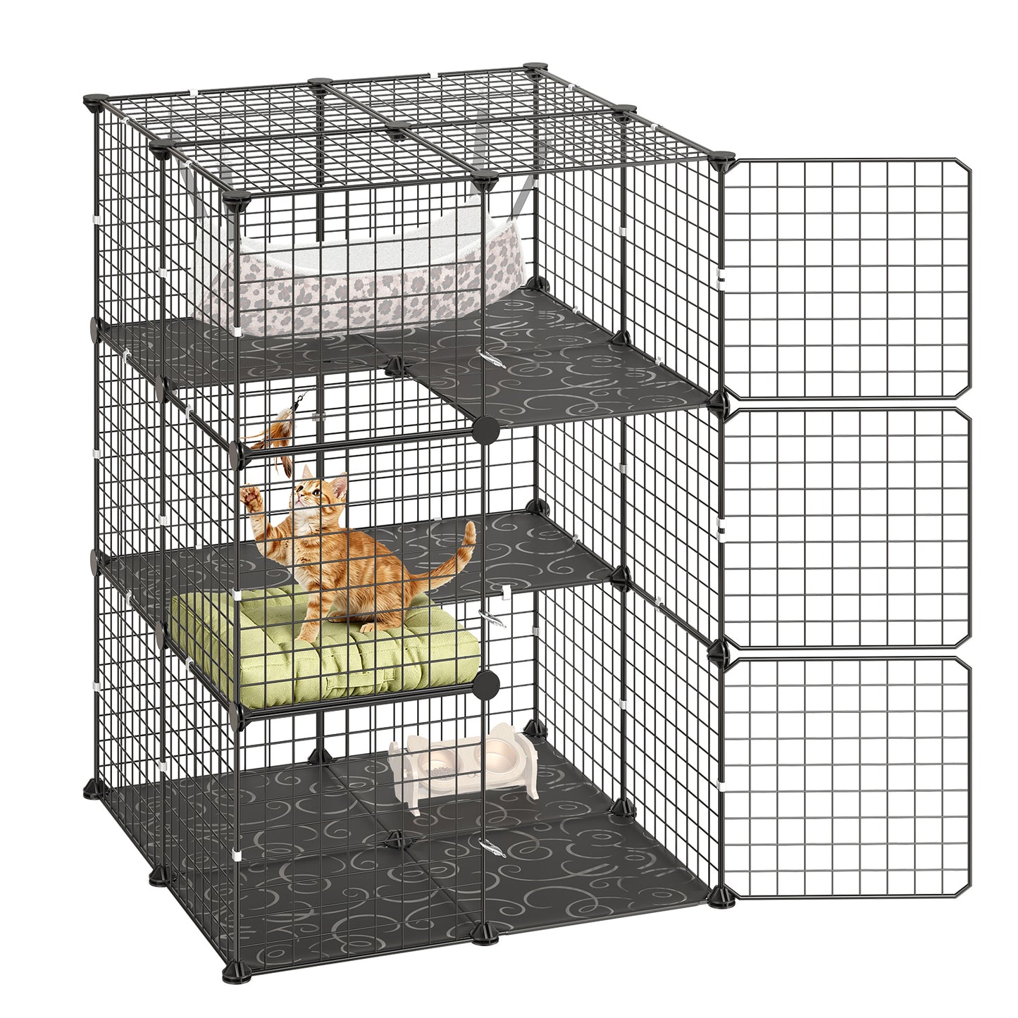 Large 3-Tier Indoor Cat Playpen with Hammock - Detachable Metal Wire Enclosure, Black