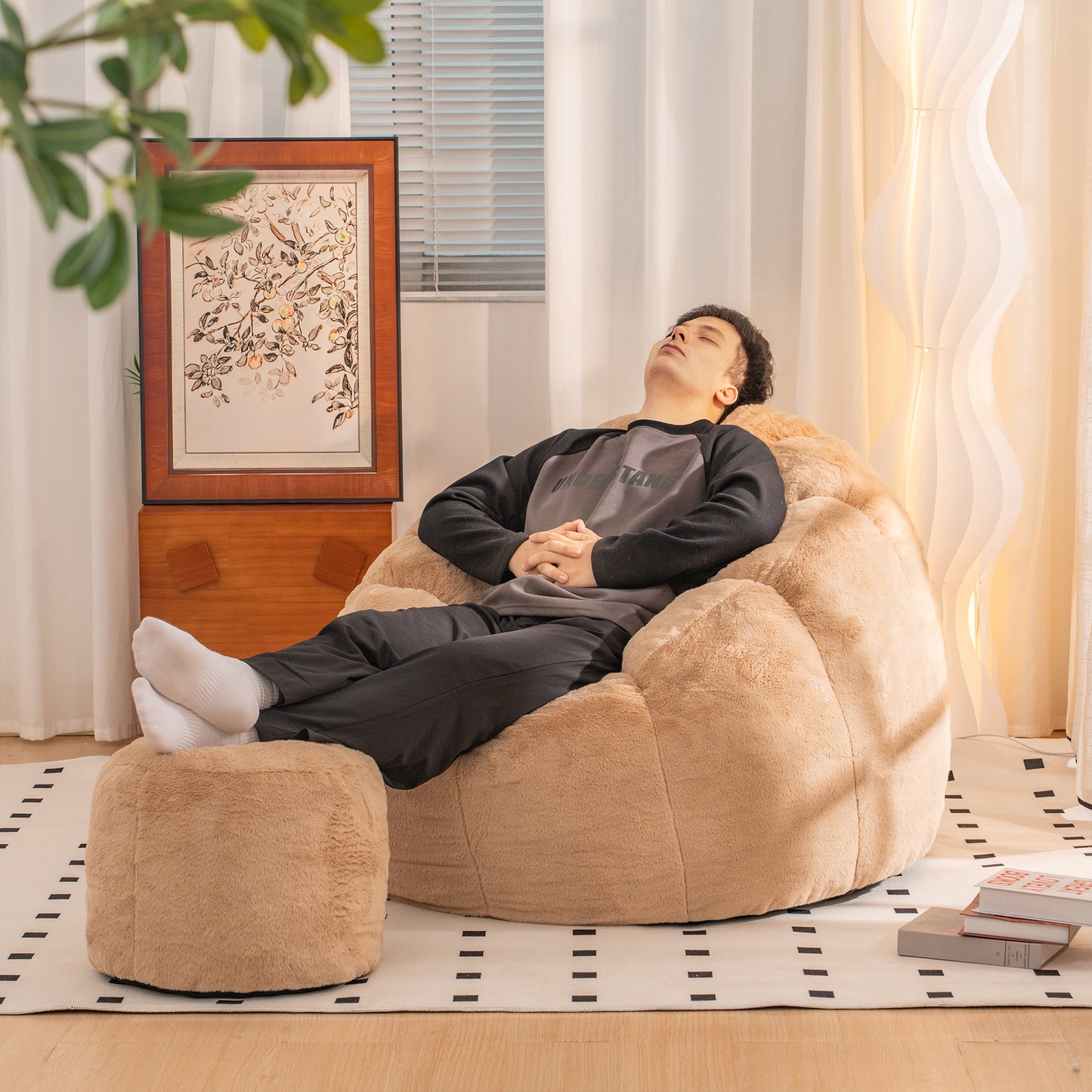 Oversized Faux Fur Bean Bag Chair - Khaki Plush Sofa for Gaming