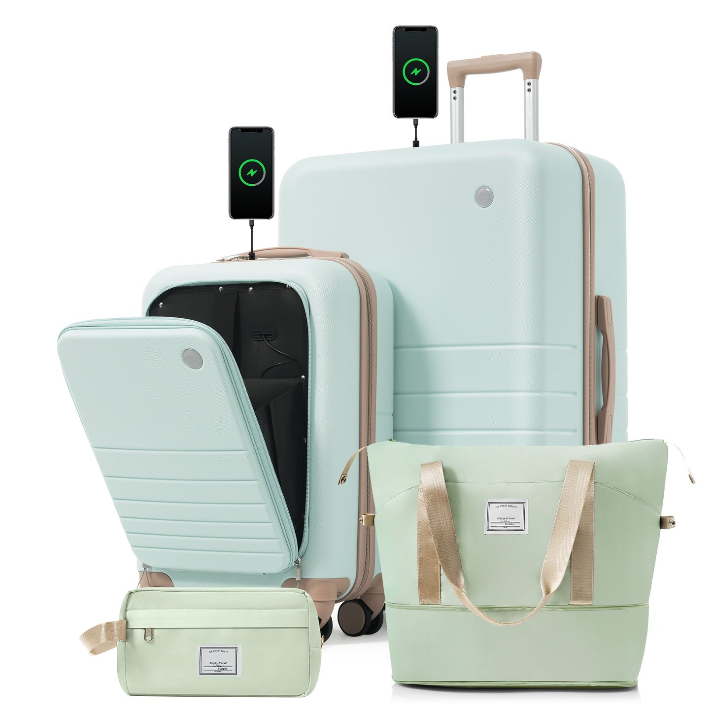 4-Piece Luggage Set with USB Charging Ports - Grey Green