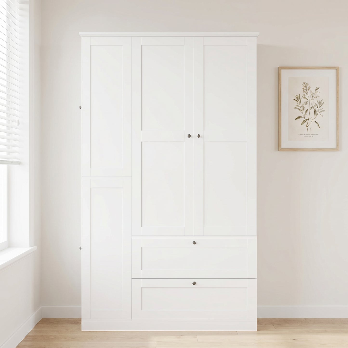 Tall Farmhouse Kitchen Pantry Cabinet - 7 Shelves, 2 Drawers, White