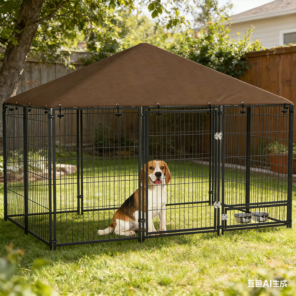 Outdoor Dog Kennel 6.9' x 4.6' x 5' with Canopy and Rotating Bowl - Black