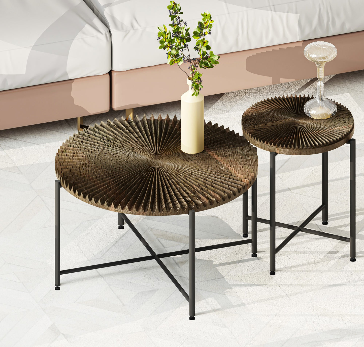 Radial Pattern 2-Piece Coffee And End Table Set -Waterproof MDF With