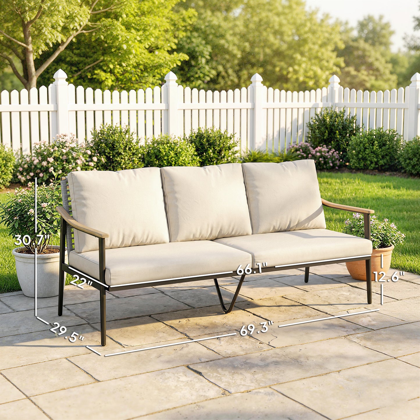 Outdoor Patio Sofa for 3 - Wicker Couch with Cushions, Khaki