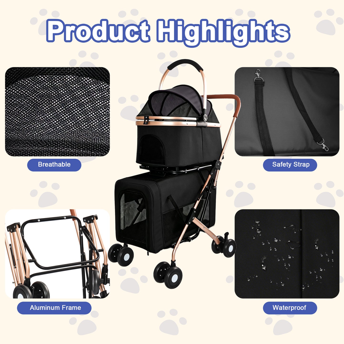 Pet Stroller with Guardrails for Small and Medium Pets - Foldable, 3-in-1 Design, Shockproof Wheels, Safety Leashes, Black