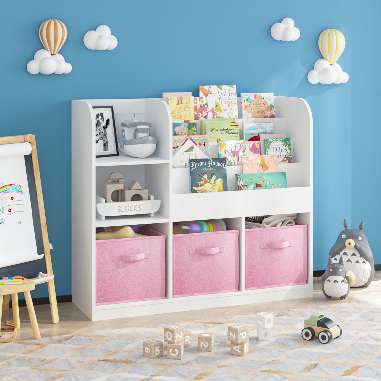 Kids Bookcase with 3 Fabric Drawers - White and Pink