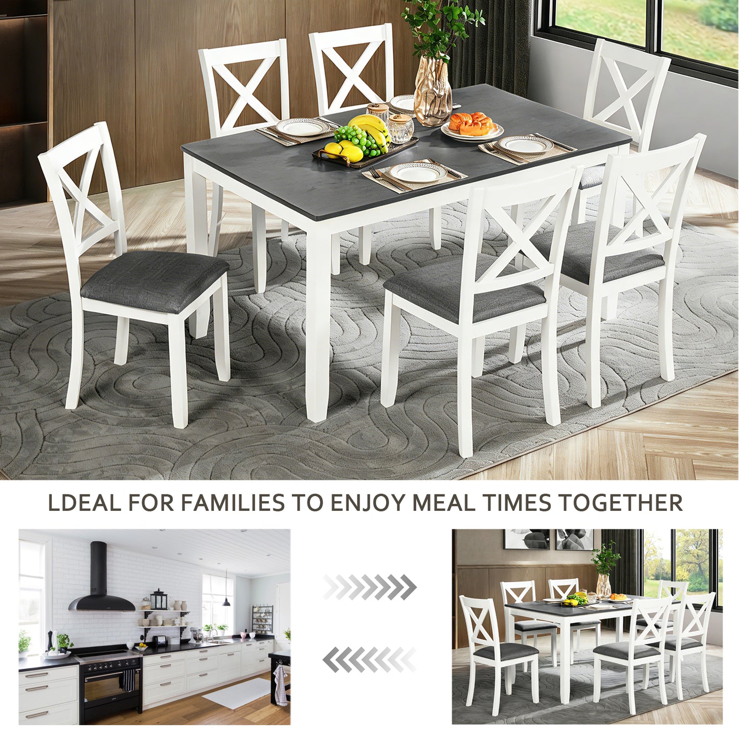Solid Wood Dining Table Set with 6 Padded Chairs - Grey & White