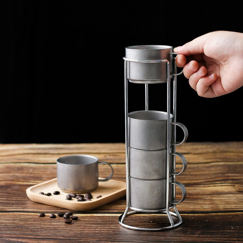 Outdoor Double-Deck Stainless Steel Coffee Cups Set with Storage Rack - Anti-Scald Insulated Drinkware