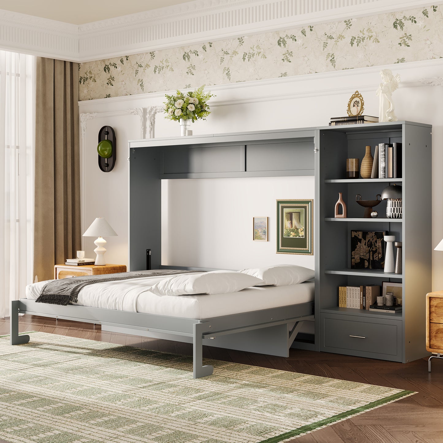 Queen Size Murphy Bed With Height Adjustable Storage Compartments And