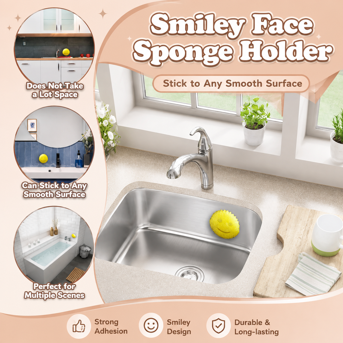 Suction Cup Sponge Holder Wall Mount for Smile Sponges No-Drill Kitchen Organizer
