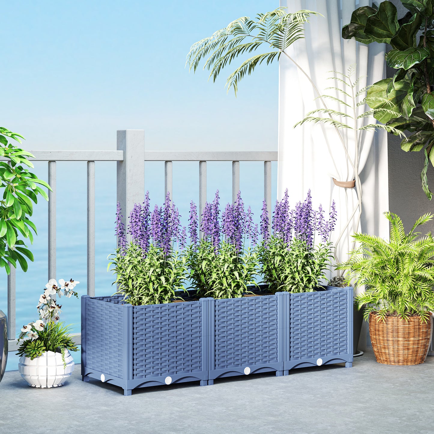 Plastic Raised Garden Bed 4x1x1 ft Outdoor Flower Box with Drainage - Blue