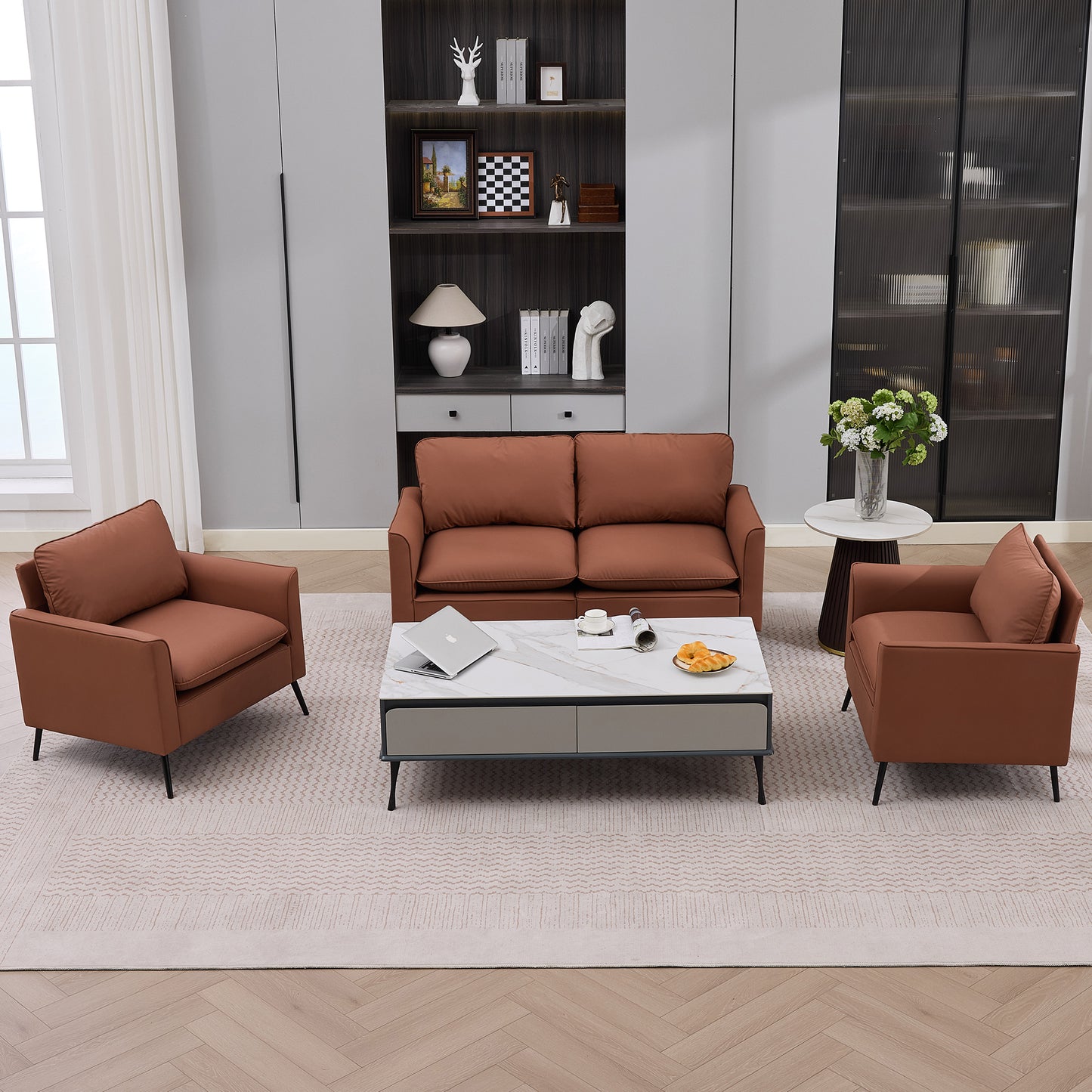 Brown Cat Paw Leather Loveseat Sofa - Nordic Retro Design
