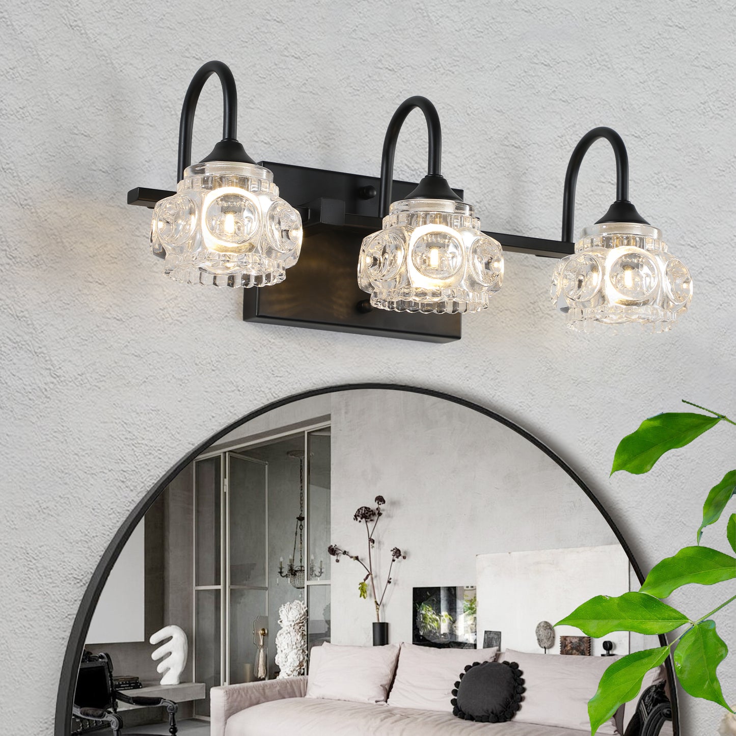 3-Light Bathroom Vanity Light Fixture - Black with Crystal Shades