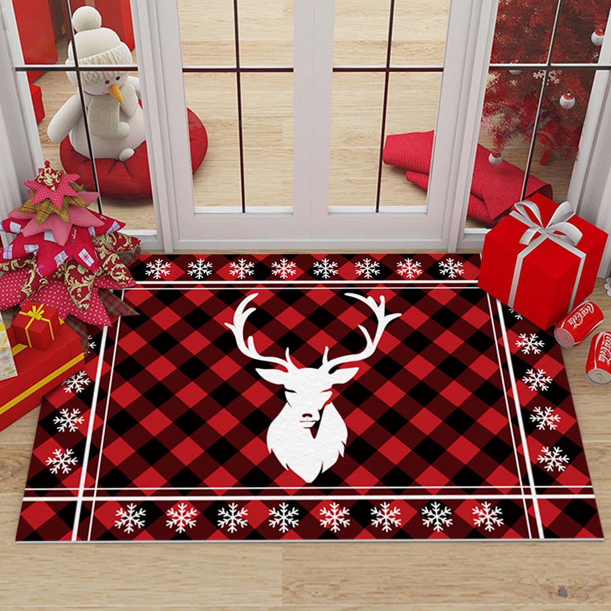 Christmas Non-slip Door Mat Black Red Plaid Decorative Carpet