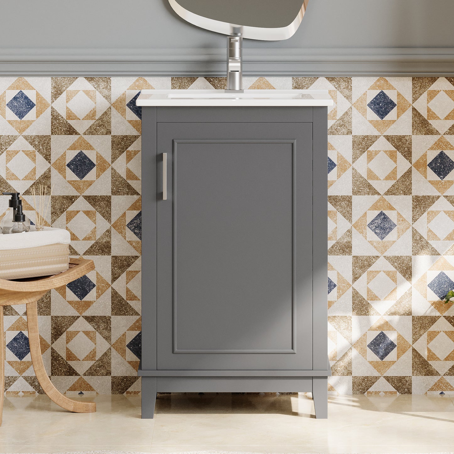 20 Inch Modern Bathroom Vanity Cabinet with Ceramic Basin - Gray
