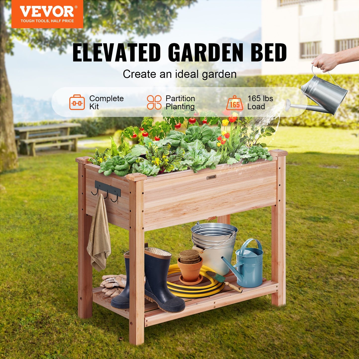Wooden Raised Garden Bed Planter Box 33.9x18.1x30 Inches with Accessories - Natural