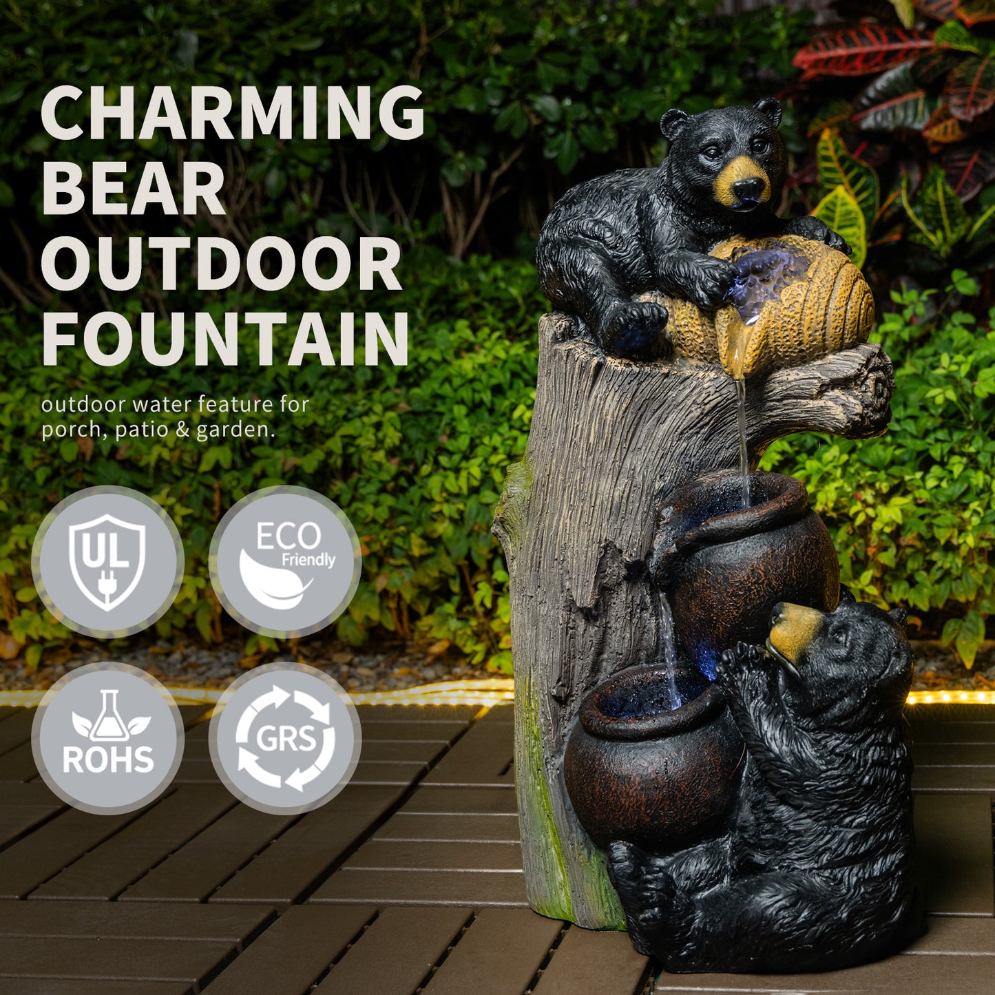 Bear Outdoor Water Fountain with LED Lights, Cascading Garden Decor, 23.6 Inches
