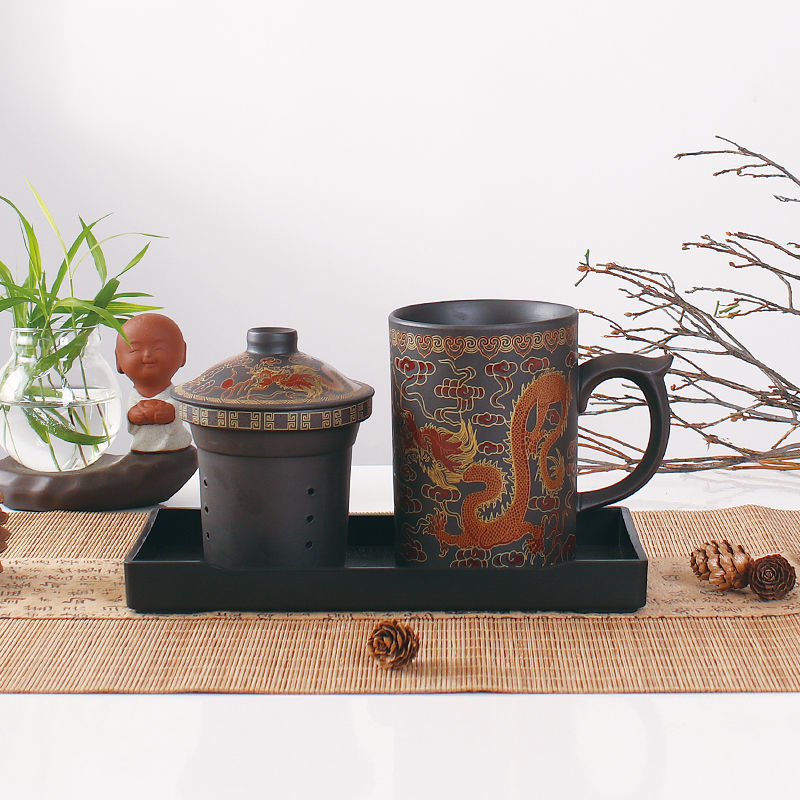 Ceramic Tea Cup Set with Cover and Filter - Handmade Chinese Style, 360ML