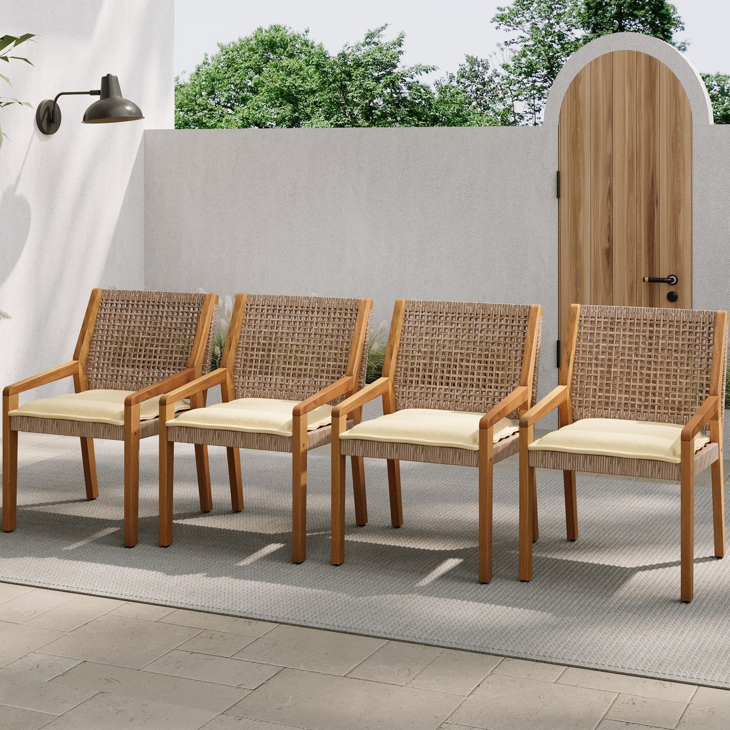 OUTDOOR DINING CHAIR SET-Acacia Wood And Wicker With Cream Cushion