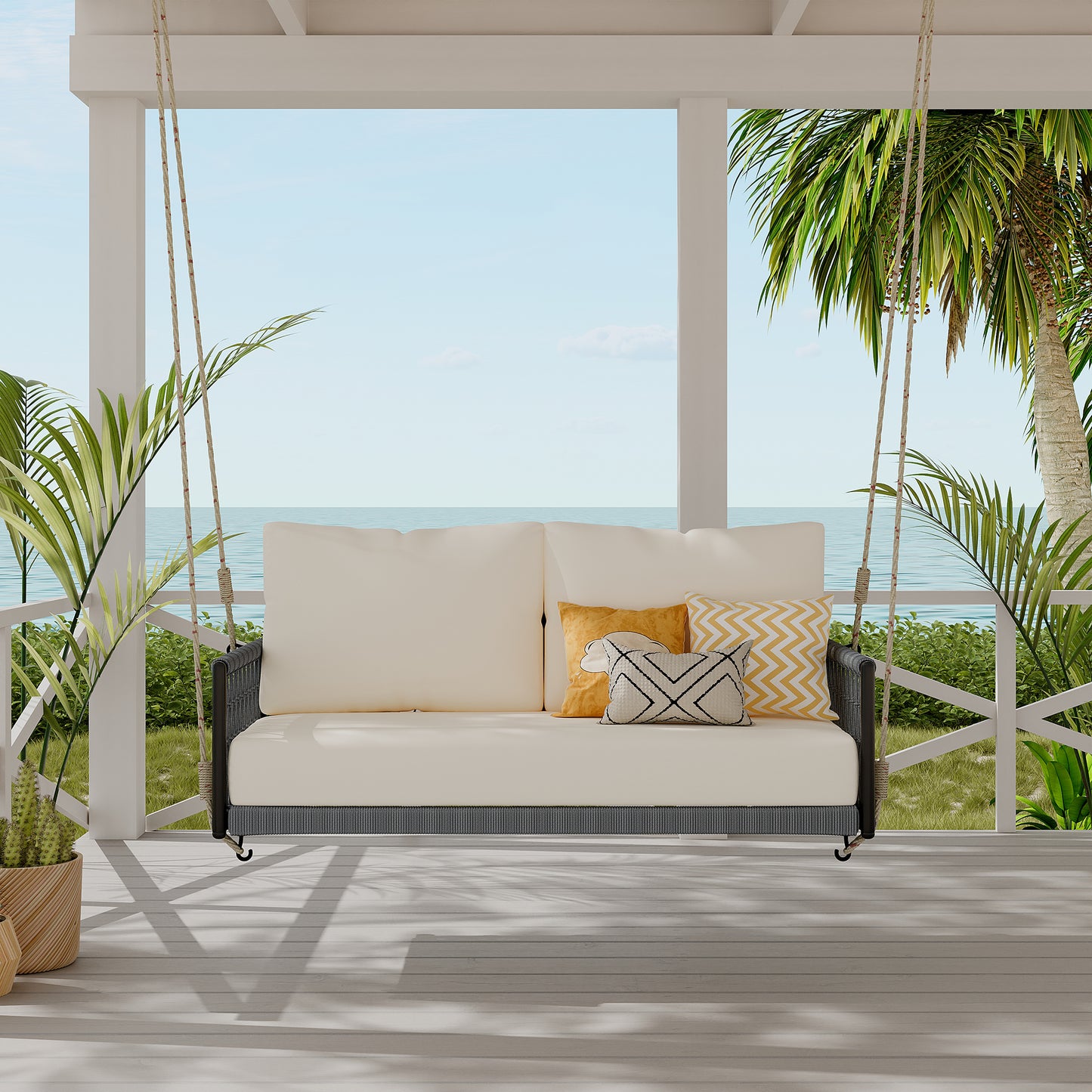 Outdoor Swing Sofa with Soft Cushions for 2 - Beige