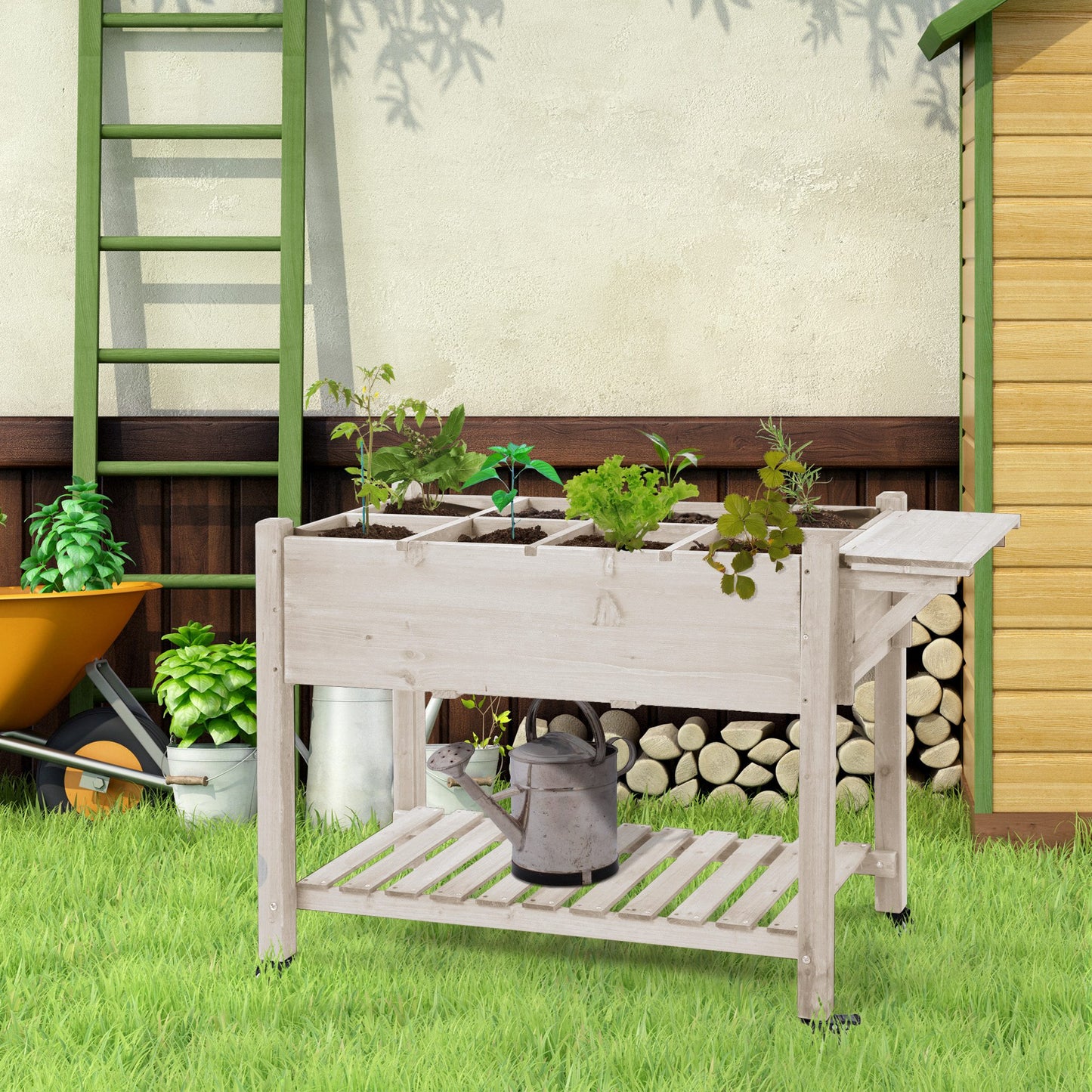 Raised Garden Bed Planter with 8 Compartments, Storage Shelf & Lockable Wheels