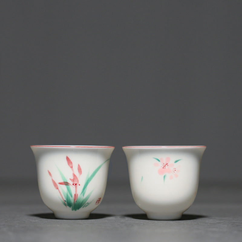 Hand Painted Ceramic Orchid Tea Cup - Chinese Style White Porcelain Drinkware