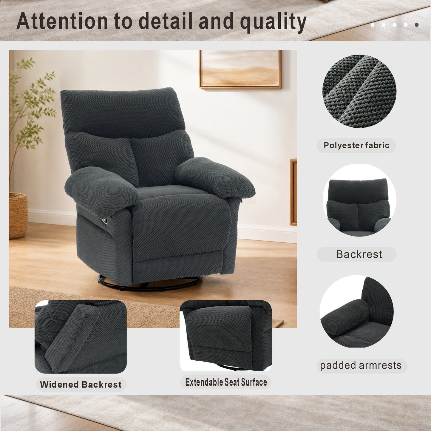 Modern Swivel Rocker Recliner Chair - Dark Gray Fabric Armchair