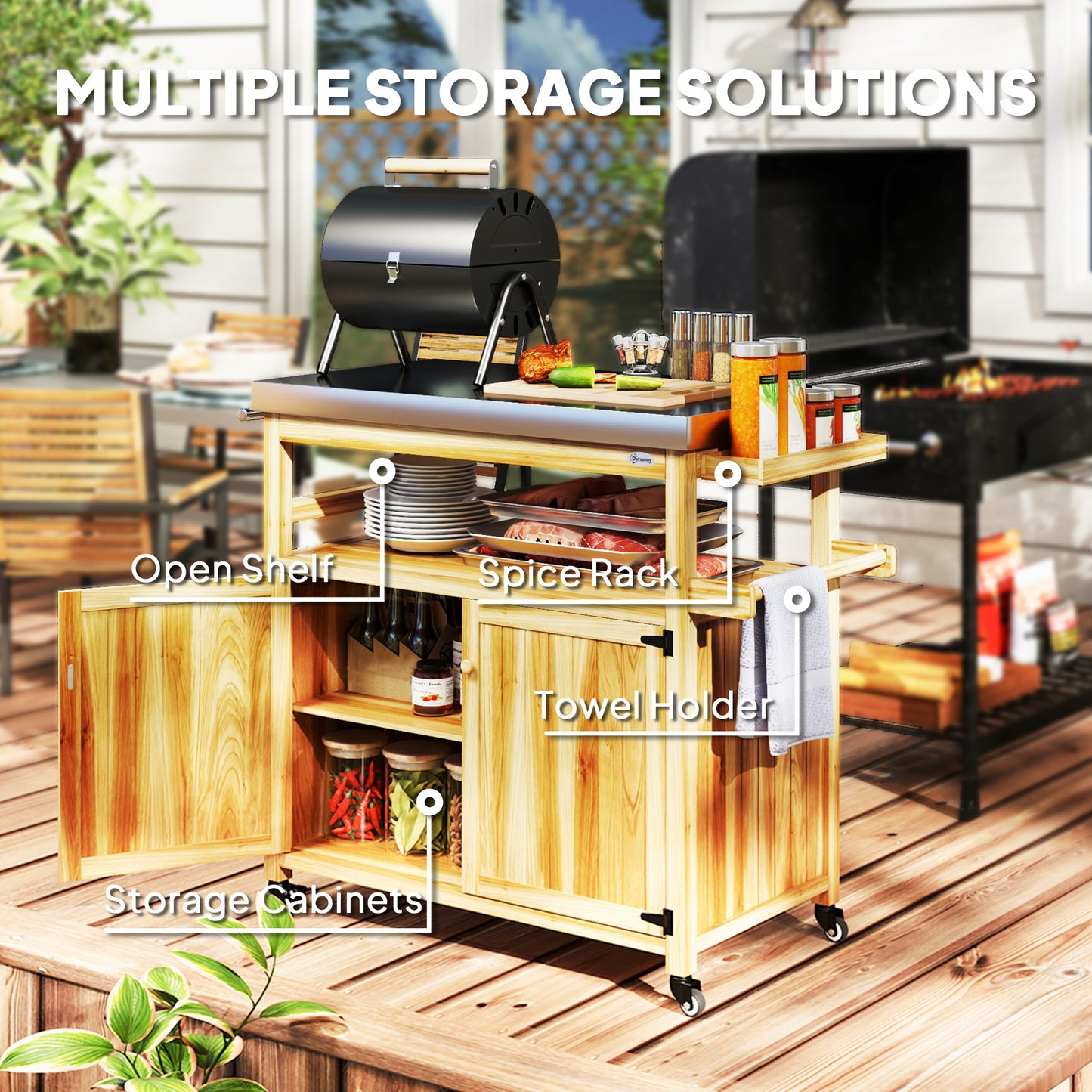 Outdoor Grill Cart with Stainless Steel Top & Storage Cabinets