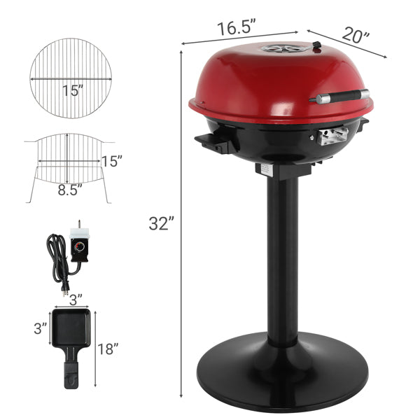 Electric Portable BBQ Grill with Stand, 1600W Indoor Outdoor Cooking, Red