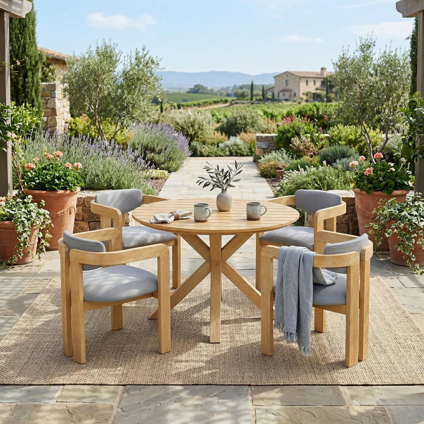 5 Piece Outdoor Acacia Wood Round Dining Set, Solid Patio Table With