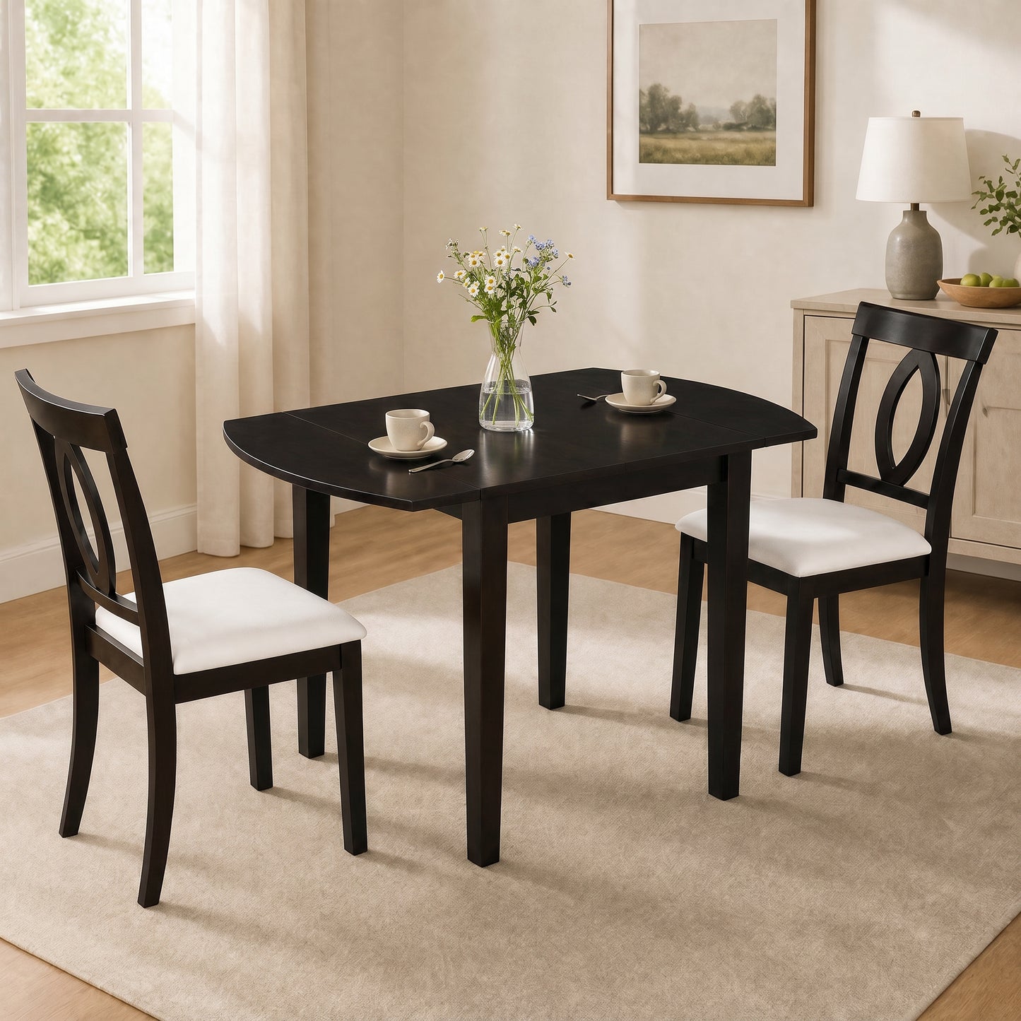Drop Leaf Dining Table Set with 2 Upholstered Chairs - Dark Brown