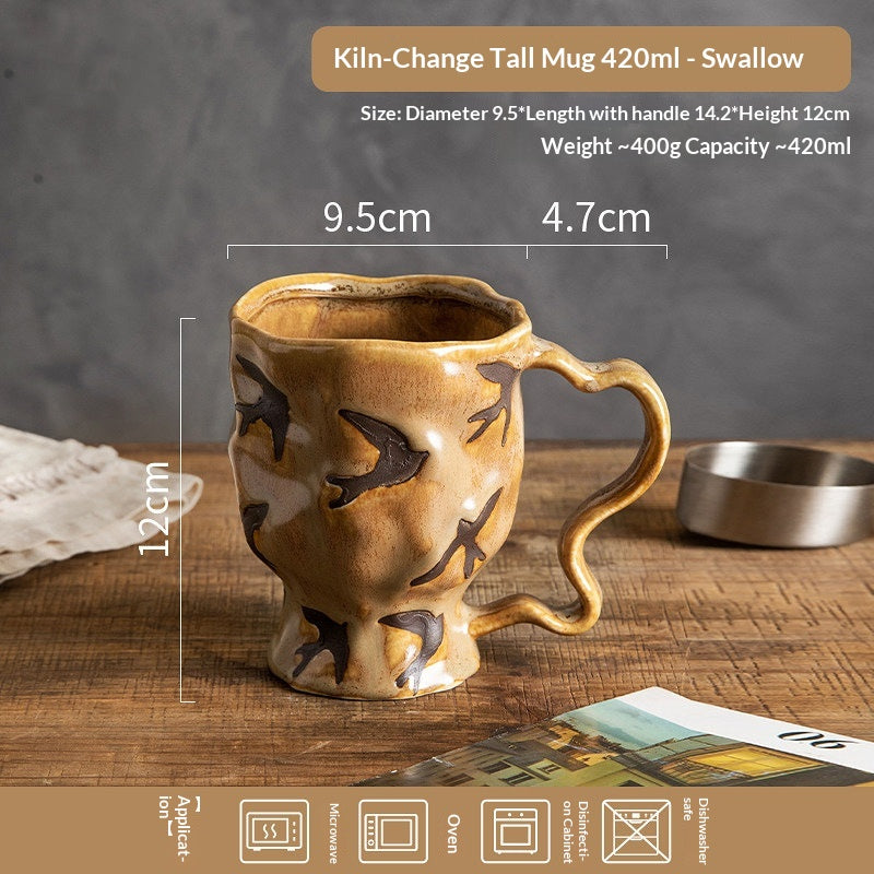 Ceramic Coffee Mug Set - Kiln-Shift Household Drinkware with Floral Patterns