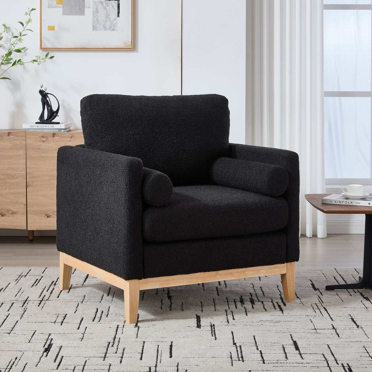 Modern Farmhouse Accent Chair with Natural Wood Legs - Black Boucle