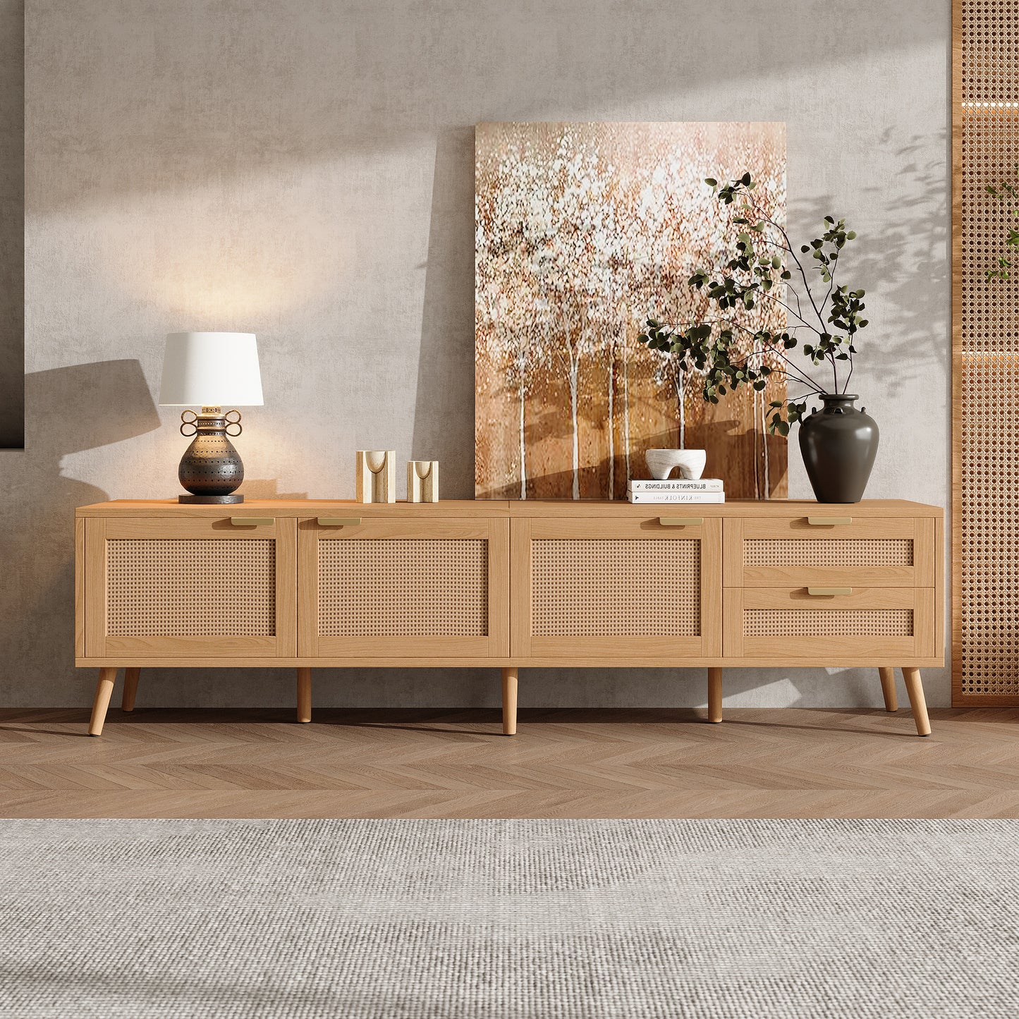 70-Inch Modern TV Stand with Rattan Doors & Storage - Natural Wood