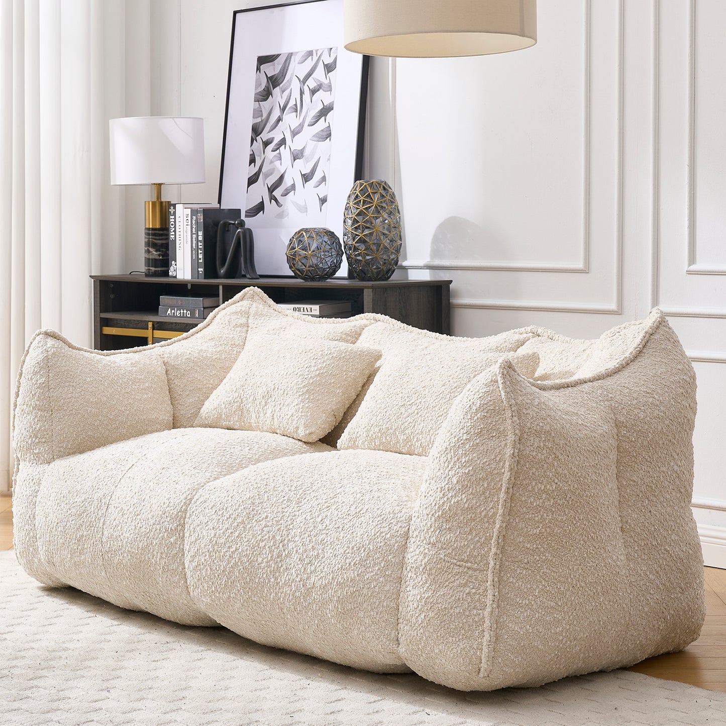 Soft Chenille Beanbag Chair for Two - Beige Recliner Sofa