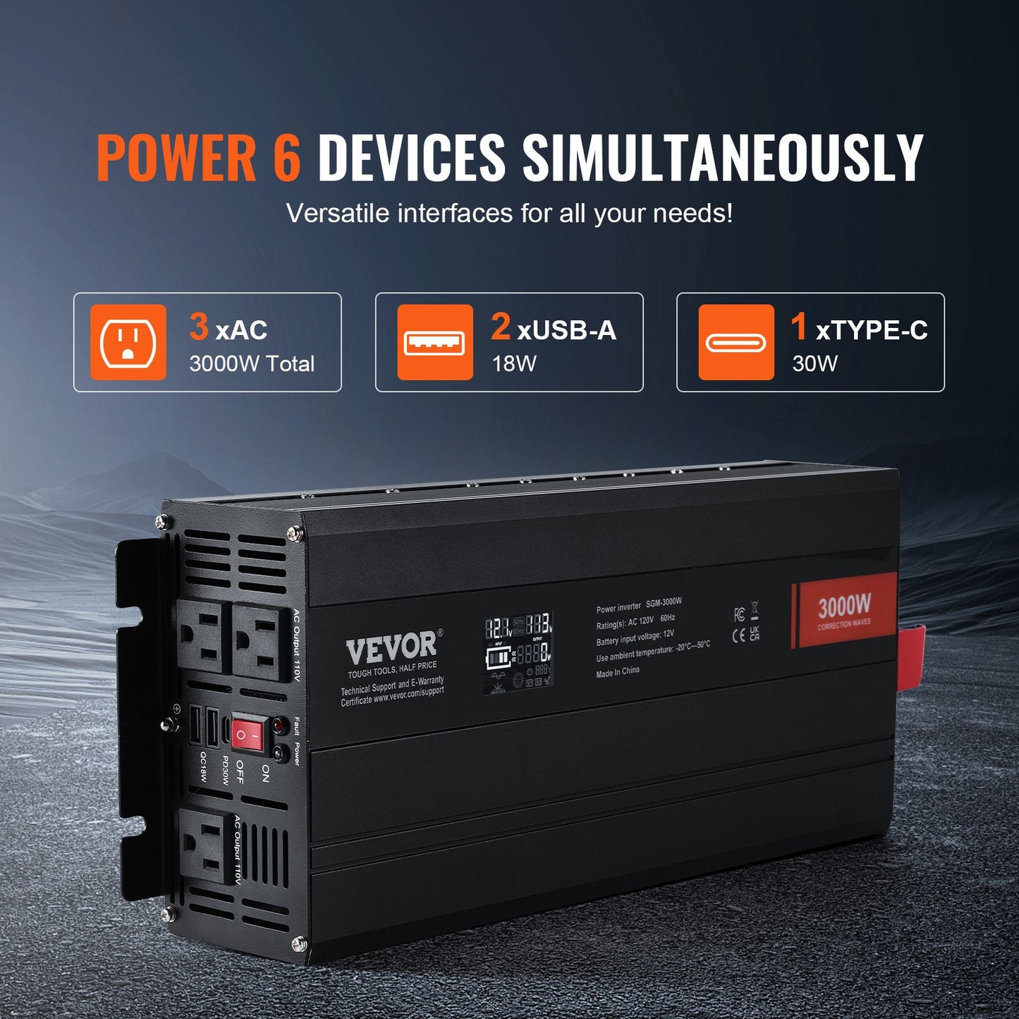 3000W Modified Sine Wave Power Inverter with 3 AC Outlets USB Type-C for Household Use