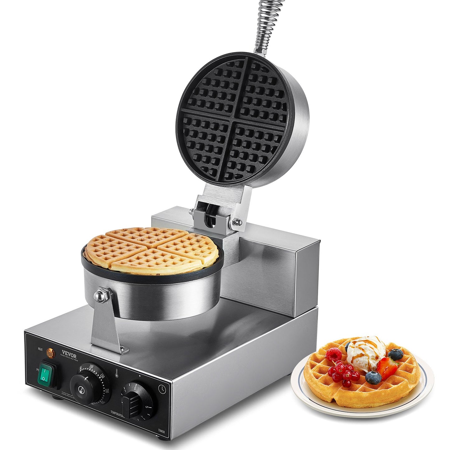Commercial Round Waffle Maker 1230W Non-Stick Kitchen Appliance - Natural